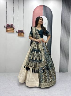 Launching wedding Special trending lengha&saree In Peacoce Blue colour blouse and cream colour lengha