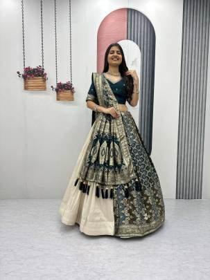 Launching wedding Special trending lengha&saree In Peacoce Blue colour blouse and cream colour lengha