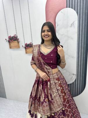 Launching wedding Special trending lengha&saree In Maroon colour blouse and cream colour lengha