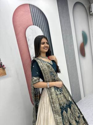 Launching wedding Special trending lengha&saree In Peacoce Blue colour blouse and cream colour lengha