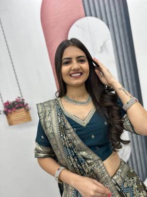 Launching wedding Special trending lengha&saree In Peacoce Blue colour blouse and cream colour lengha