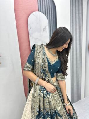 Launching wedding Special trending lengha&saree In Peacoce Blue colour blouse and cream colour lengha