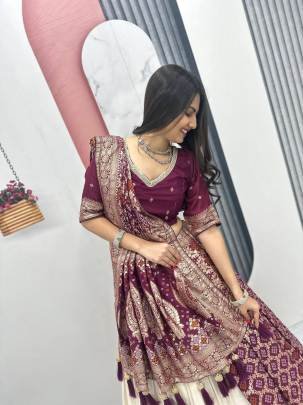 Launching wedding Special trending lengha&saree In Maroon colour blouse and cream colour lengha