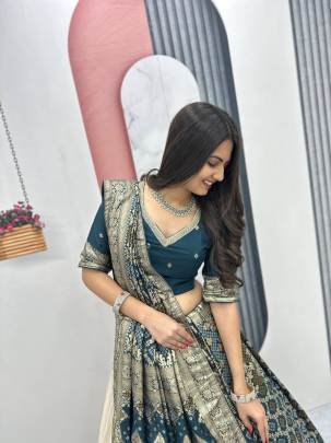 Launching wedding Special trending lengha&saree In Peacoce Blue colour blouse and cream colour lengha