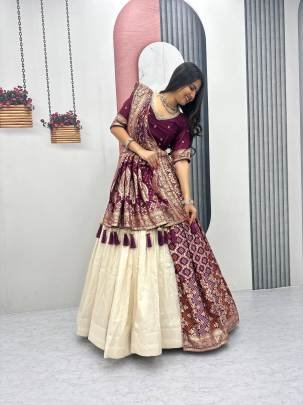 Launching wedding Special trending lengha&saree In Maroon colour blouse and cream colour lengha