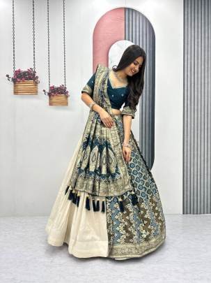 Launching wedding Special trending lengha&saree In Peacoce Blue colour blouse and cream colour lengha