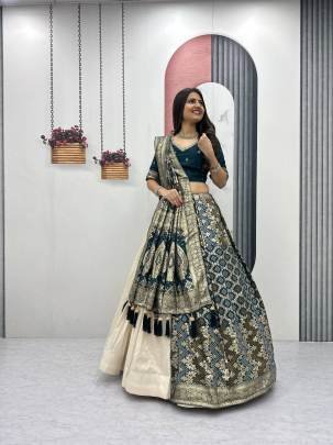 Launching wedding Special trending lengha&saree In Peacoce Blue colour blouse and cream colour lengha