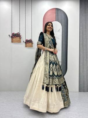 Launching wedding Special trending lengha&saree In Peacoce Blue colour blouse and cream colour lengha