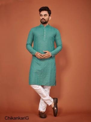Light Green Prasang Luckhnowi Chikankari Men's Kurta Payjama