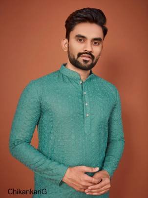Light Green Prasang Luckhnowi Chikankari Men's Kurta Payjama