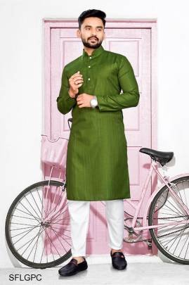  Green Pure Cotton Kurta Payjama Slub Strip Fancy Fabric With Silver Weaving Lining 