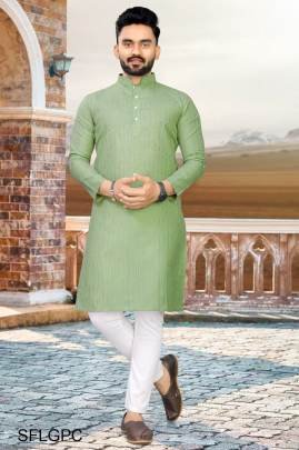 Light Green Pure Cotton Kurta Payjama Slub Strip Fancy Fabric With Silver Weaving Lining 