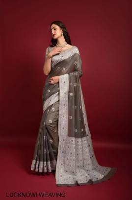 Light grey Saree Catalog Pure Lucknowi Chikankari Weaving Catalog