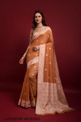 Light orange Saree Catalog Pure Lucknowi Chikankari Weaving Catalog