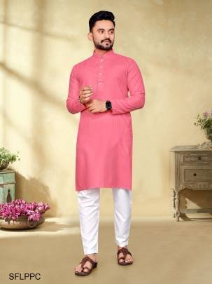 Light Pink Pure Cotton Kurta Payjama Slub Strip Fancy Fabric With Silver Weaving Lining 