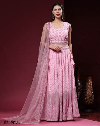 Light Pink Pure Viscose Georgette Fabric Sequin Embridery With Handwork 