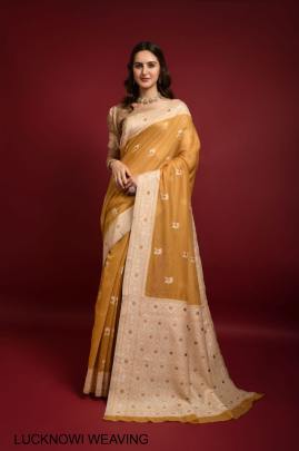 Light yellow Saree Catalog Pure Lucknowi Chikankari Weaving Catalog