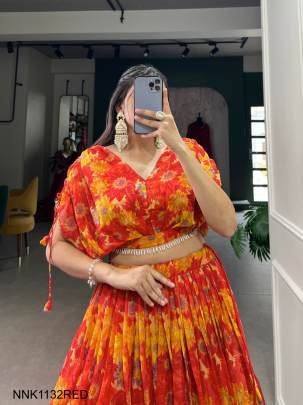 LNB Red Vaatika chiffon floral print co ord Navratri Lehenga NNK1132RED