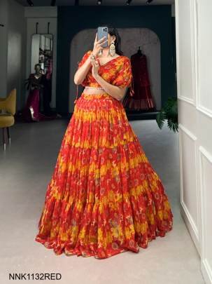 LNB Red Vaatika chiffon floral print co ord Navratri Lehenga NNK1132RED
