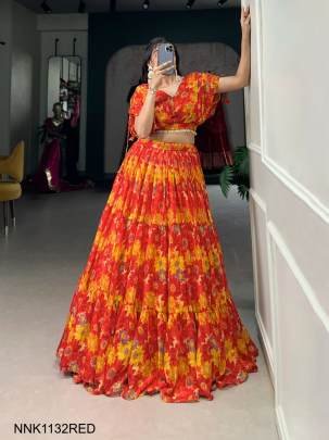 LNB Red Vaatika chiffon floral print co ord Navratri Lehenga NNK1132RED