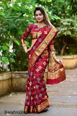 Maroon Block Print Bandhani Saree BaratVol2