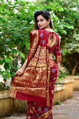 Maroon Block Print Bandhani Saree BaratVol2