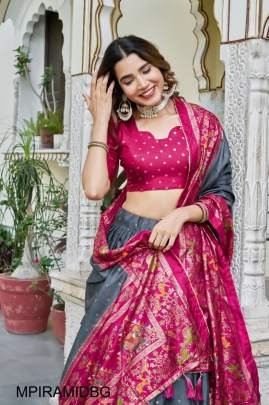 Maroon Blouse Piramid Lehenga In Bottole Green
