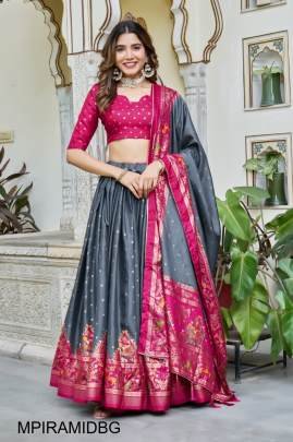 Maroon Blouse Piramid Lehenga In Bottole Green