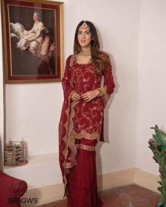 Maroon Fox Georgette Work Siqunce Embroidery
