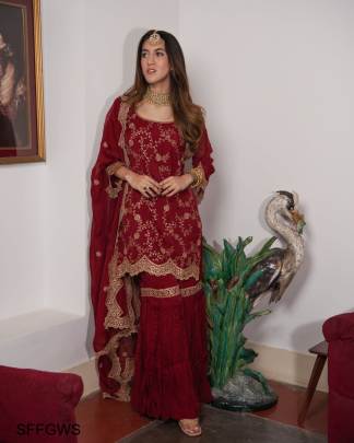 Maroon Fox Georgette Work Siqunce Embroidery