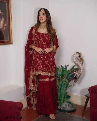 Maroon Fox Georgette Work Siqunce Embroidery