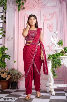 Maroon IMPORTED FABRIC  DHOTI PATTERN WITH MIRROR WORK+BORDER+MIRROR WORK BELT