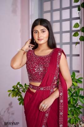 Maroon IMPORTED FABRIC  DHOTI PATTERN WITH MIRROR WORK+BORDER+MIRROR WORK BELT