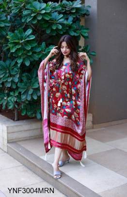 Maroon Kaftan Printed On Pure Gaji Silk Using Digital Print YNF3004