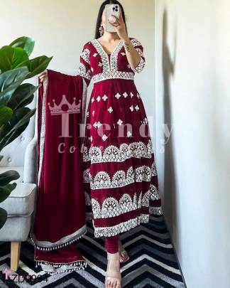 Maroon Selfie Gown With Embroidery Work In Fox Fabric Series ZD9994