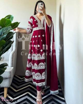 Maroon Selfie Gown With Embroidery Work In Fox Fabric Series ZD9994