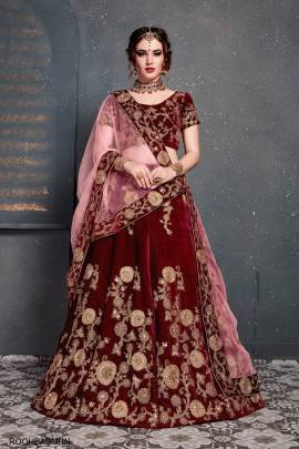 Maroon Velvet Lehenga Choli From Roohbab by Zeel Clothing 