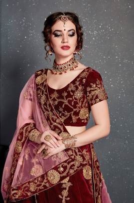 Maroon Velvet Lehenga Choli From Roohbab by Zeel Clothing