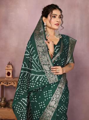 MORPANKH New Premium And High Quality,Comfortable Handmade Bandhej Silk Drapes That Is Super Stylish And Pretty In Green