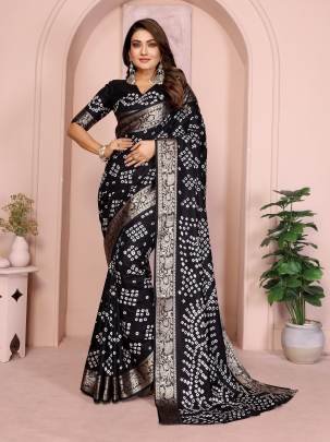 MORPANKH New Premium And High Quality,Comfortable Handmade Bandhej Silk Drapes That Is Super Stylish And Pretty In Black