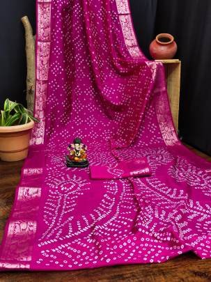 MORPANKH New Premium And High Quality,Comfortable Handmade Bandhej Silk Drapes That Is Super Stylish And Pretty In Pink