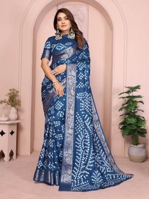 MORPANKH New Premium And High Quality Comfortable Handmade Bandhej Silk Drapes That Is Super Stylish And Pretty In Navy Blue