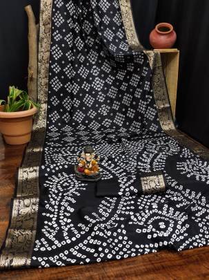 MORPANKH New Premium And High Quality,Comfortable Handmade Bandhej Silk Drapes That Is Super Stylish And Pretty In Black