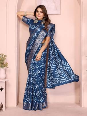 MORPANKH New Premium And High Quality Comfortable Handmade Bandhej Silk Drapes That Is Super Stylish And Pretty In Navy Blue