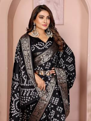 MORPANKH New Premium And High Quality,Comfortable Handmade Bandhej Silk Drapes That Is Super Stylish And Pretty In Black