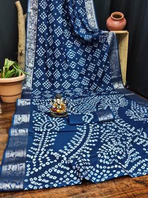 MORPANKH New Premium And High Quality,Comfortable Handmade Bandhej Silk Drapes That Is Super Stylish And Pretty In Navy Blue