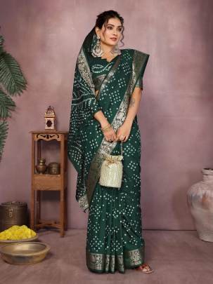 MORPANKH New Premium And High Quality,Comfortable Handmade Bandhej Silk Drapes That Is Super Stylish And Pretty In Green