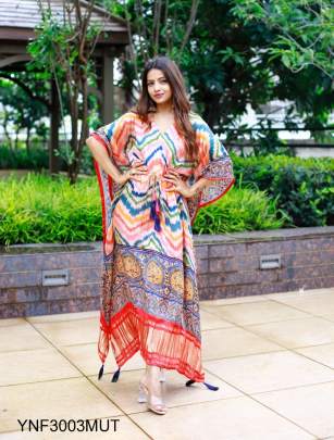Multicolor Kaftan Dress Design With Digital Print On Pure Gaji Silk YNF300