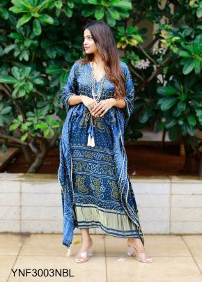 Navy Blue Kaftan Dress Design With Digital Print On Pure Gaji Silk YNF300