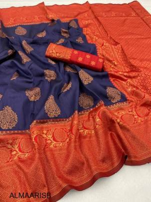 Navy Blue Pure Banarasi Silk Traditional Designer Saree